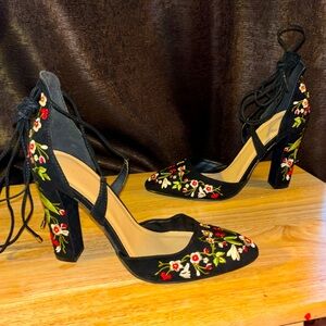 Embroidered Suede Pumps